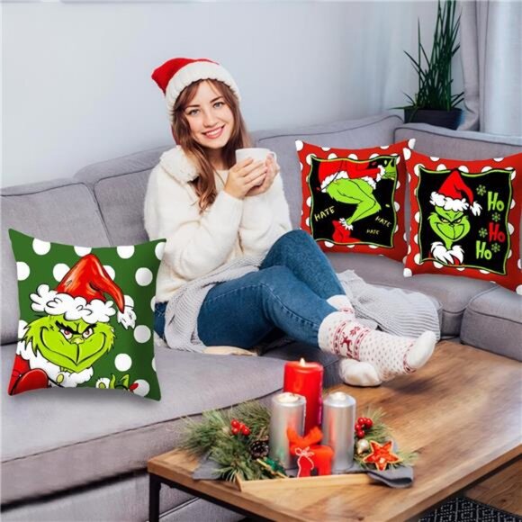 Set of 4 Christmas‎ Pillow Covers, 18x18 Merry Grin-chmas Farmhouse Decor - Picture 5 of 7